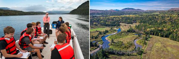 Lake Placid and Ausable River watershed of New York's Lake Champlain basin. Photos: Paul Smith's College Adirondack Watershed Institute and L. Master School-age children wearing red life jackets in boat on Lake Placid and aerial view of Ausable River watershed